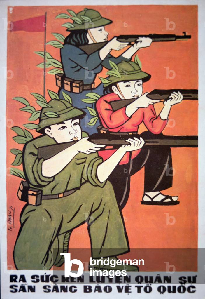 'Strive to Train Soldiers to Defend the Nation', propaganda poster, published in North Vietnam, c.1970 (colour litho)
