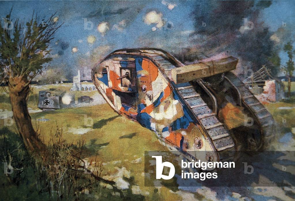 Camouflaged British Mk IV tank in action against a German tank in WW1, illustration published in 'The Sphere', August 1918 (colour litho)