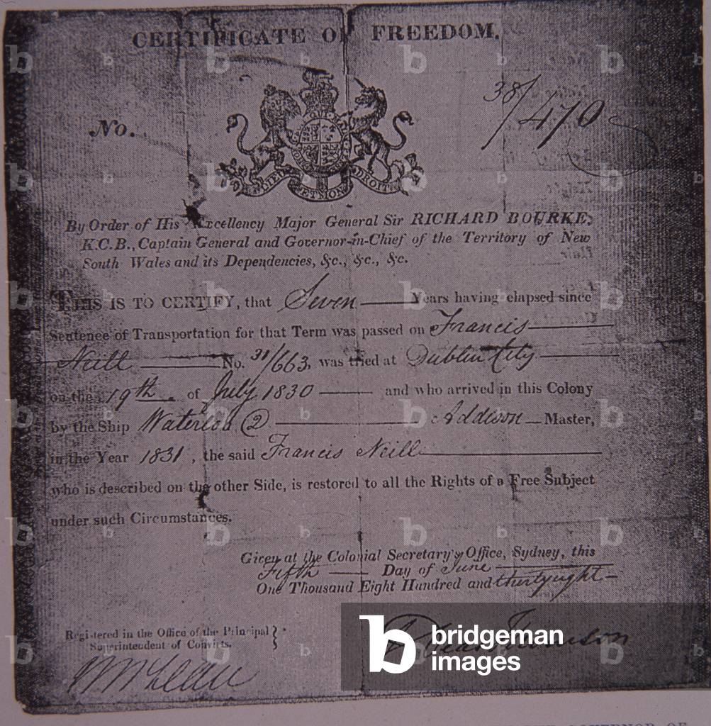 Certificate of Freedom granted to a transported convict by the Governor of New South Wales, 1838 (litho)