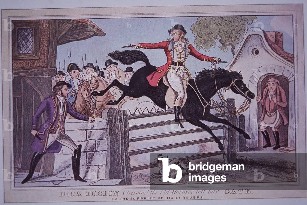 Dick Turpin jumping Hornsey toll bar gate on his horse Black Bess (coloured engraving)