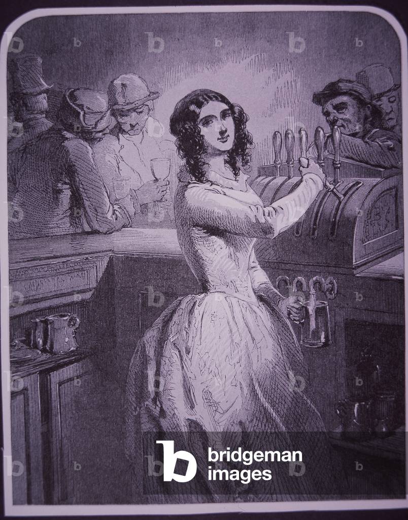 Barmaid serving beer (engraving)