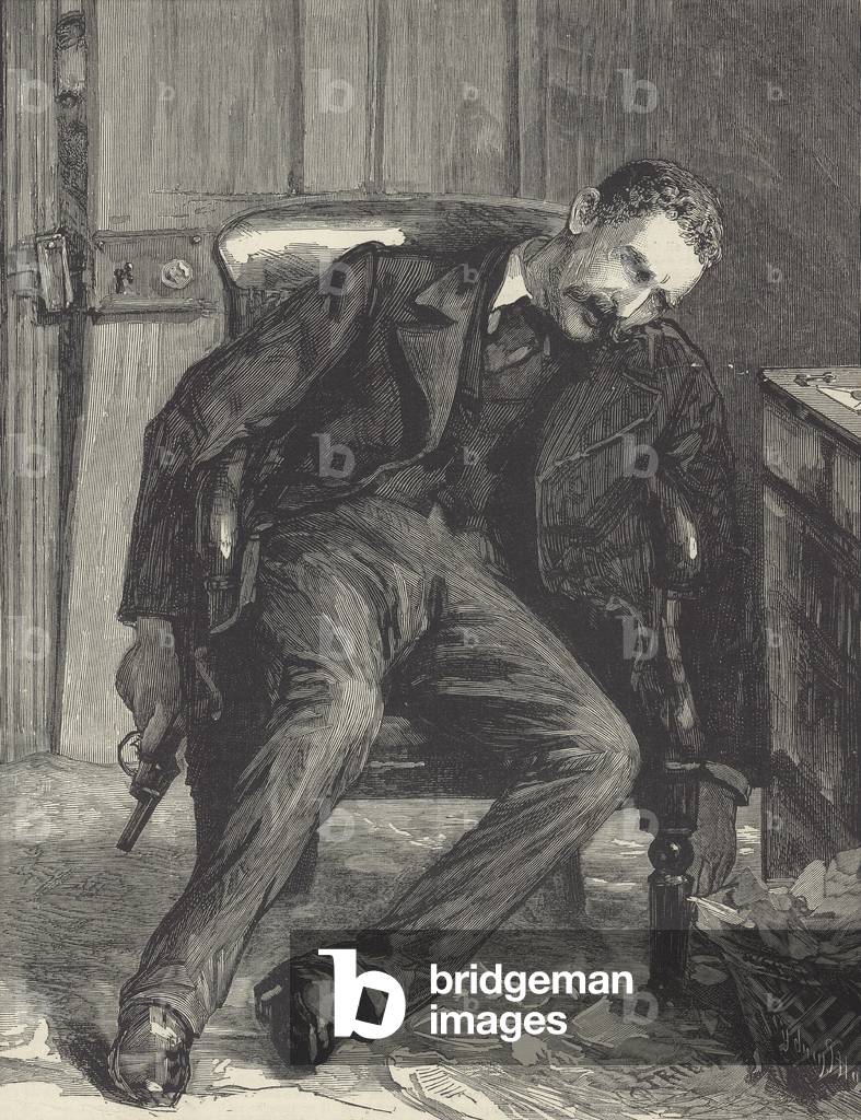Victorian gentleman commits suicide (wood engraving)