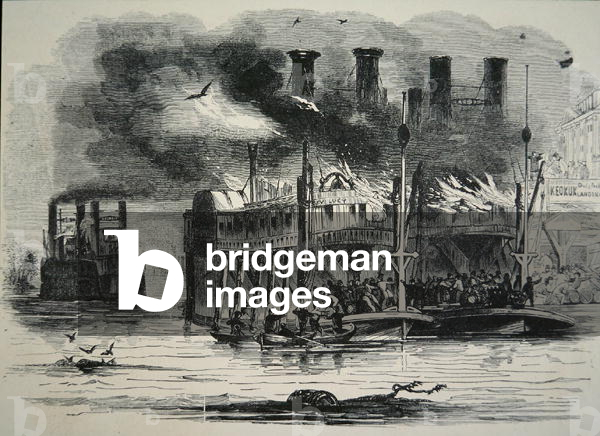 Mississippi steamboats on fire at St. Louis (engraving)