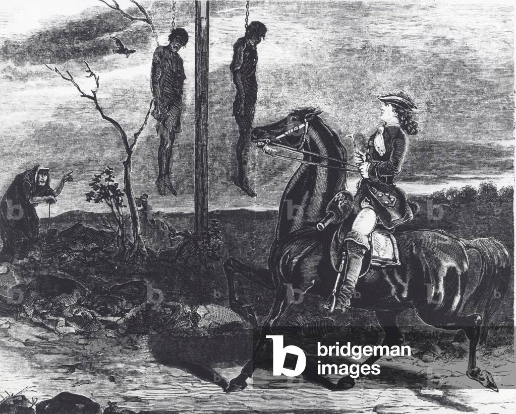 Bodies of executed highwaymen hung in gibbets at a roadside as warning to other criminals (litho)