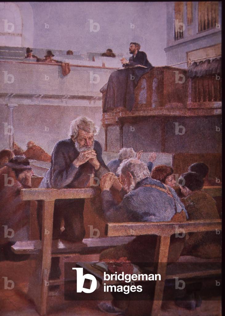 Methodists at prayer in church, early 20th century (colour litho)