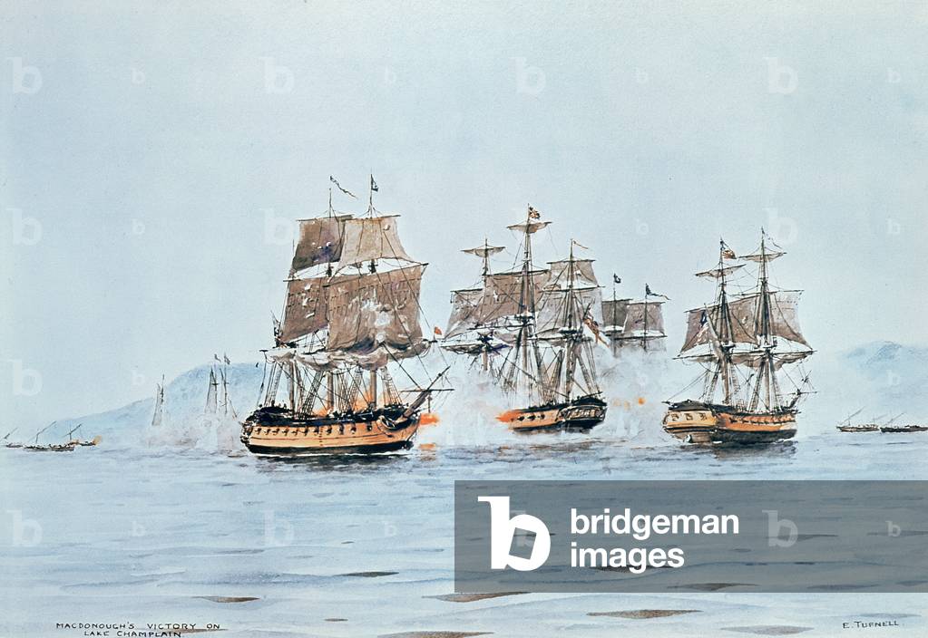 Commodore Macdonough in the Saratoga defeats the British, Battle of Lake Champlain, 11 September 1814 (w/c on paper)