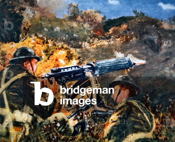 British Vickers gun of the 33rd Battalion Machine Gun Corps in action on the Western Front in 1918 (oil on canvas)