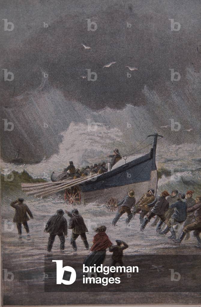 Launching a lifeboat, 1880s (colour litho)