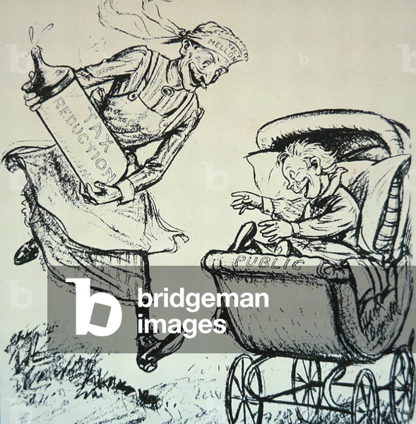 Cartoon depicting Andrew Mellon (1855-1937) recklessly giving tax reductions to the public, 1921 (litho)