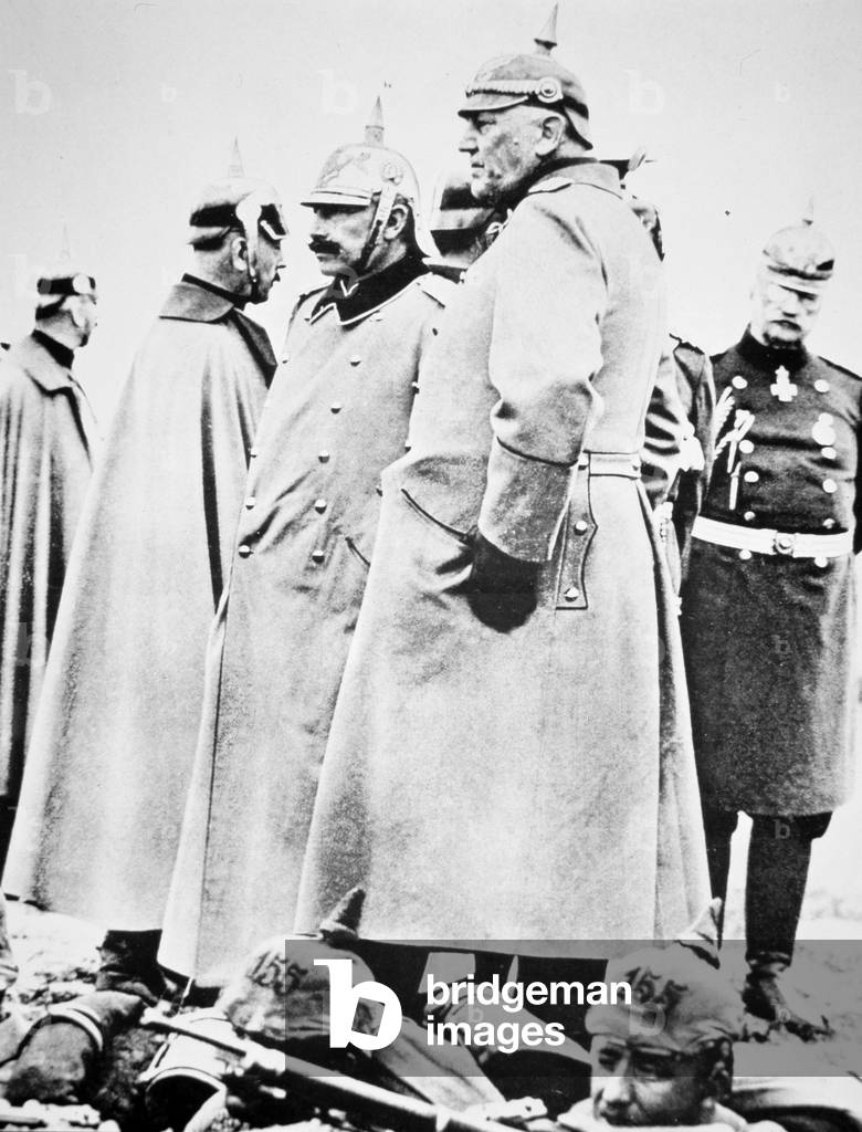 Kaiser Wilhelm II of Germany with his commander-in-chief Helmuth von Moltke at a military exercise in early 1914 (b/w photo)