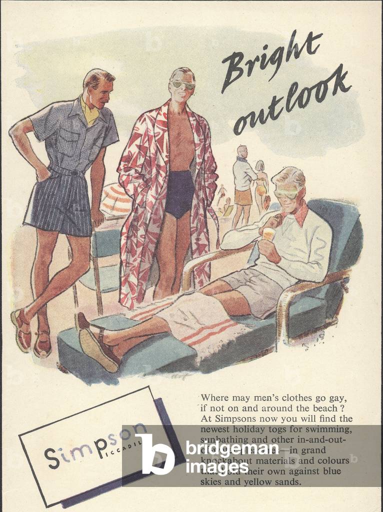 Advert: Mens casual beachwear available from Simpson in Piccadilly, London, UK, 1948 (colour litho)