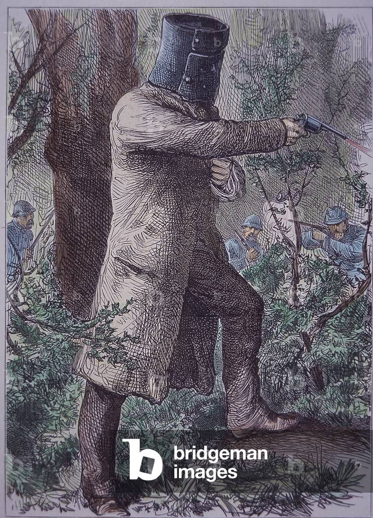 Ned Kelly, wearing his characteristic armour, in final confrontation with police, 28 June 1880 (coloured engraving)