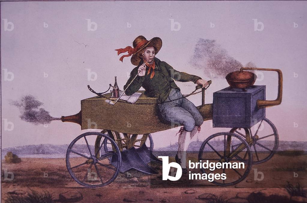 Steam plough, early 19th century (colour litho)