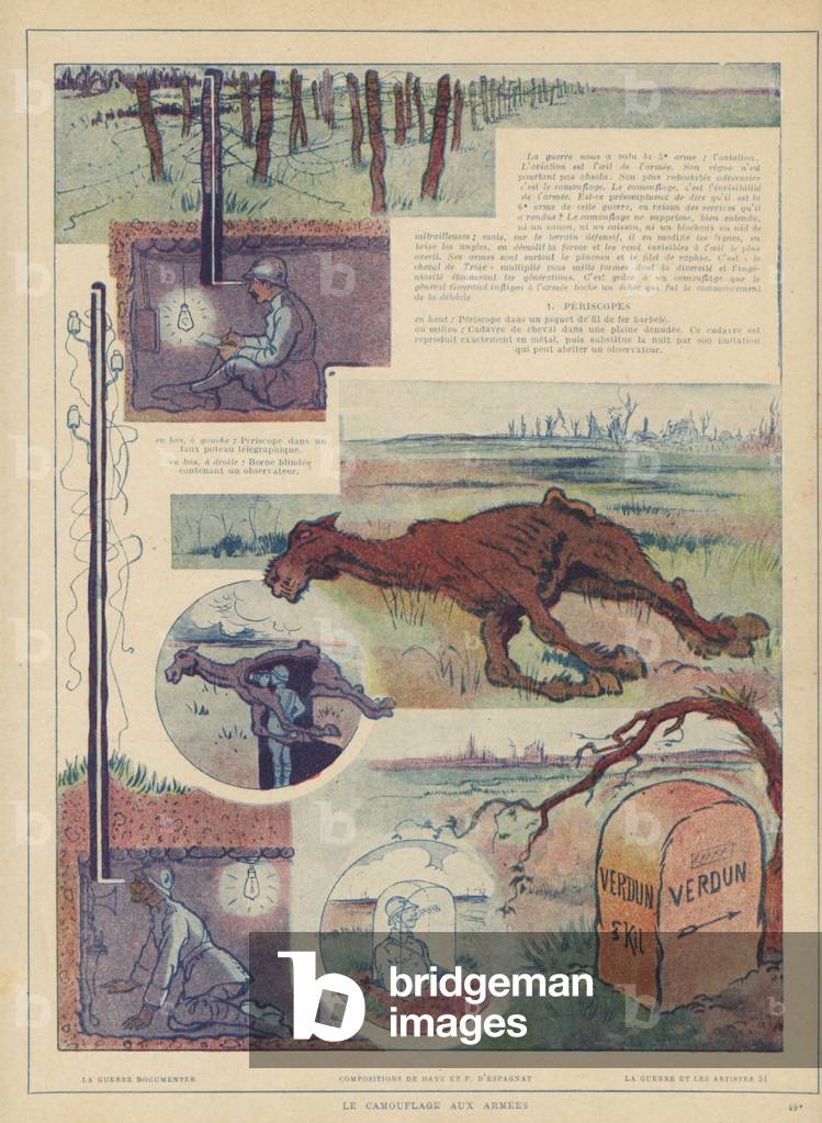 Camouflaged front line outposts for military observers; one disguised as a dead horse, illustration from 'Le Guerre et les Artistes', published c.1920 (colour litho)