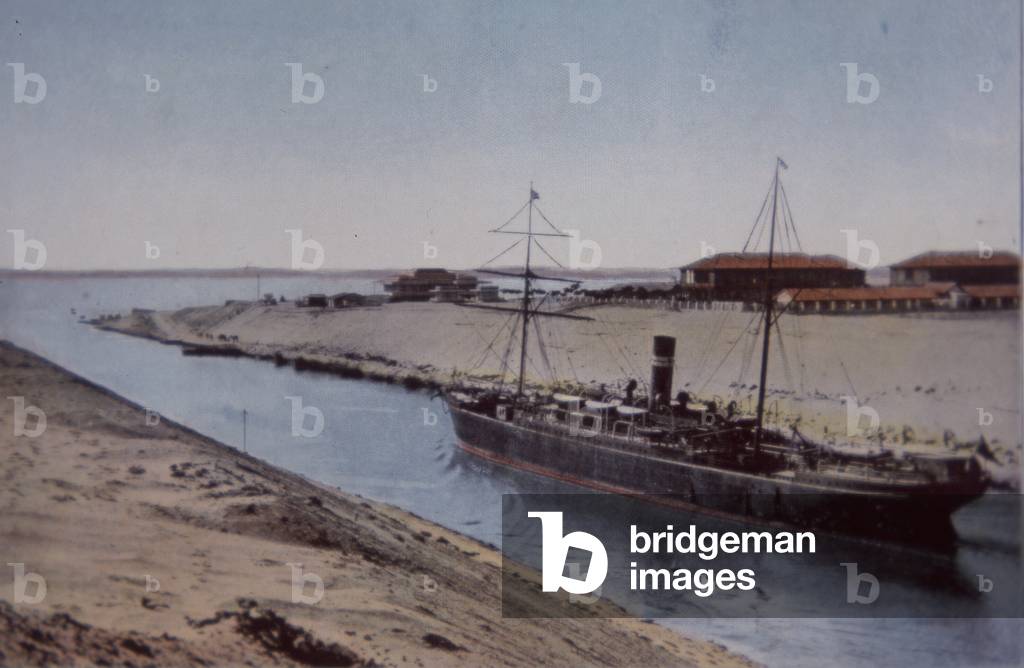 Ship passing through Suez Canal, late 19th century (colour litho)