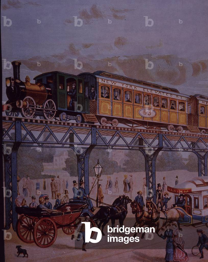 New York elevated railroad locomotive, 1870s (colour litho)