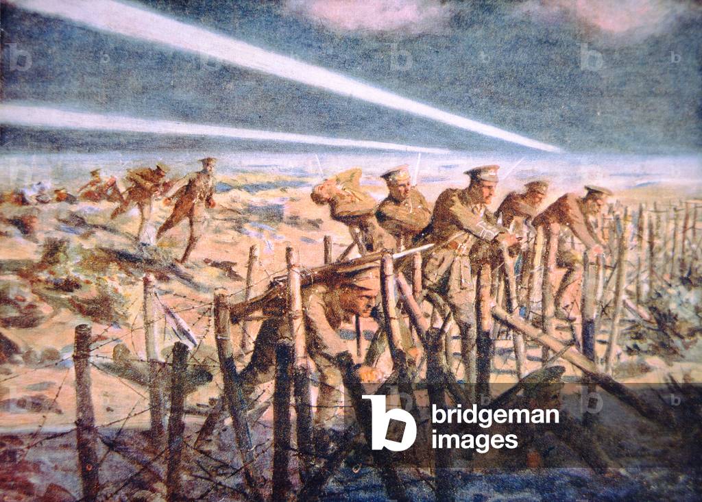 British soldiers cutting German barbed wire defences at night on the Western Front (colour litho)