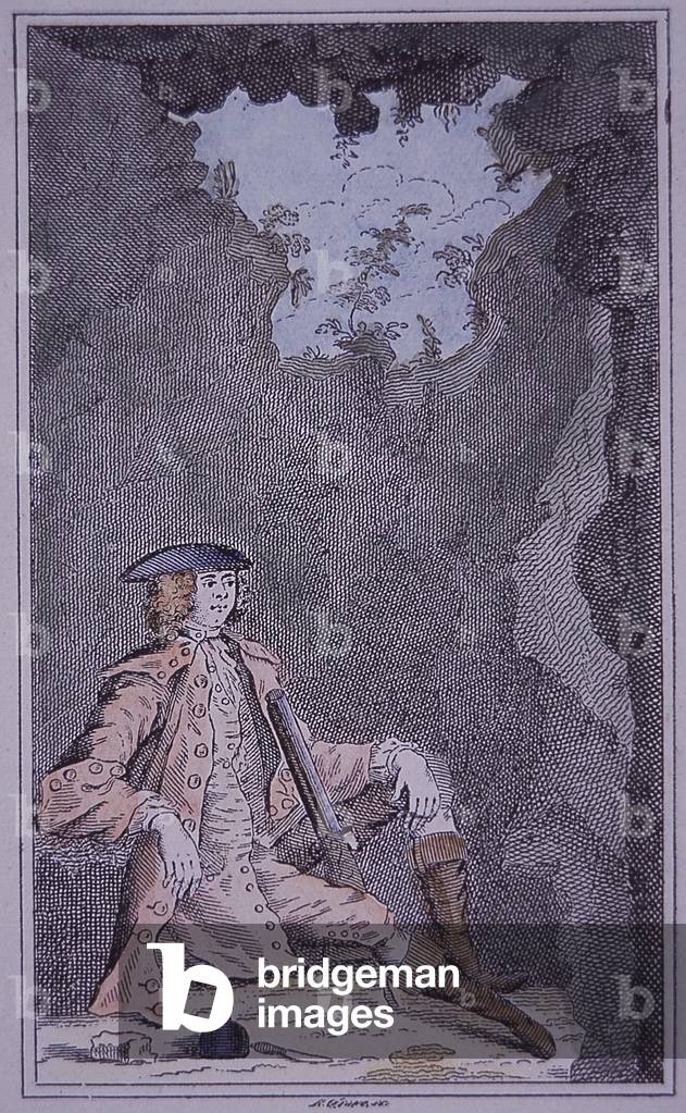 Dick Turpin hiding in a cave, from Richard Bayes' 'The Genuine History of the Life of Richard Turpin', 1739 (coloured engraving)
