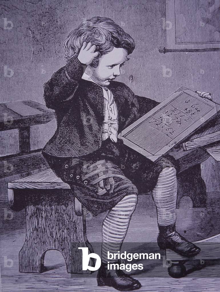 School boy working on maths problem with slate (engraving)