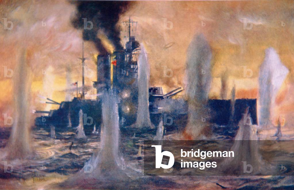 HMS Warspite in action, at the Battle of Jutland, 1916 (colour litho)