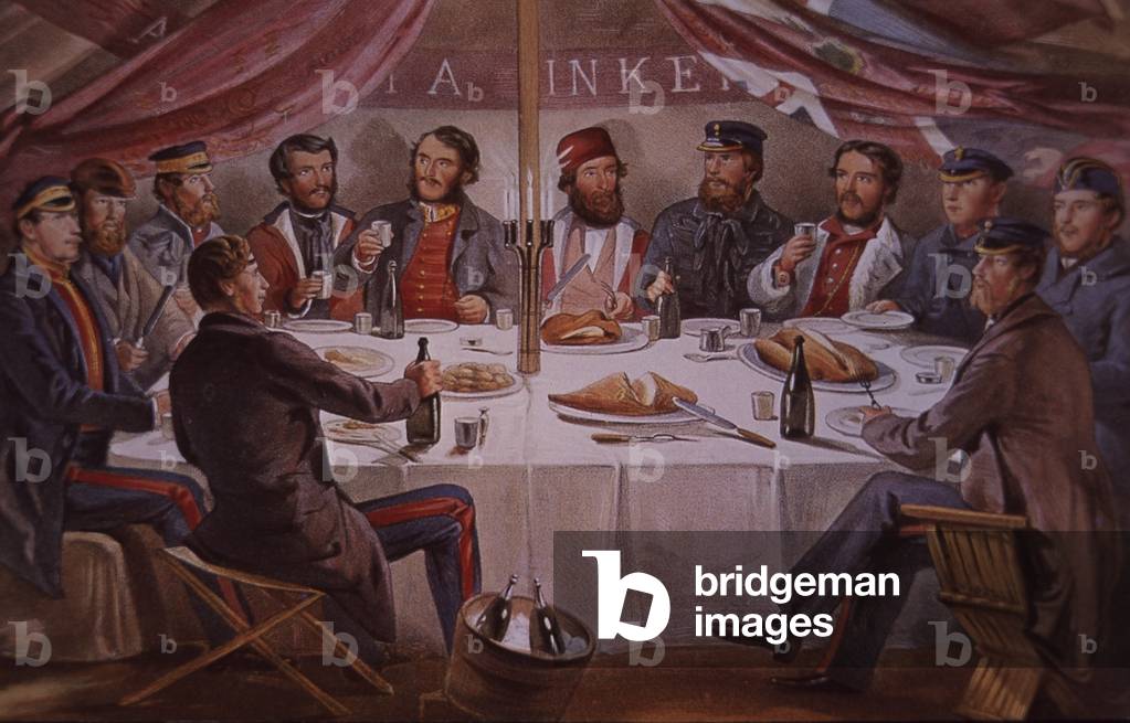Christmas dinner during Crimean War, British and allied officers before Sebastopol, 1855 (colour litho)
