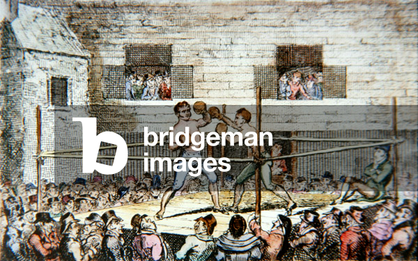 A sparring match at the fives court, London, from a print published in 1812 (colour litho)
