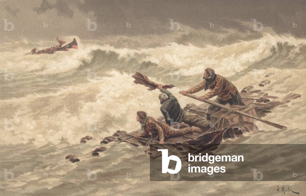 Sailors cling on to wreckage at sea (colour litho)