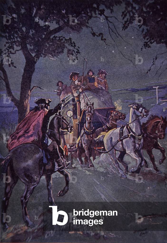 'Stand and Deliver', a highwayman holds up stagecoach in the 18th century (colour litho)