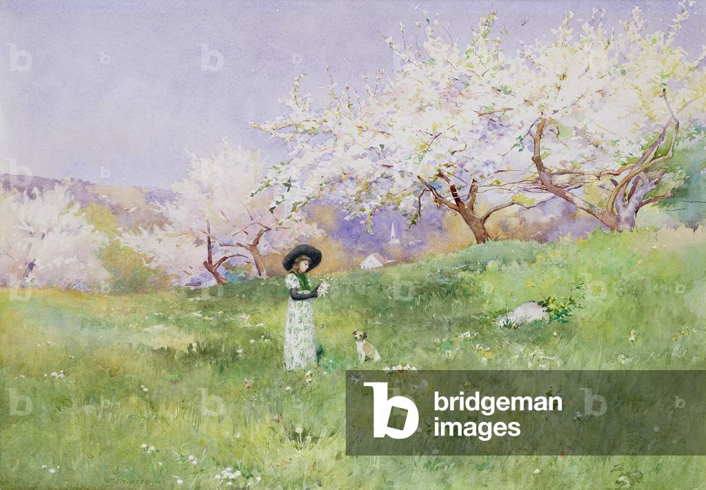 A Young Girl Picking Flowers (w/c on paper)