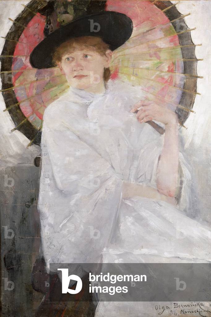 Bild von Gemälde "Bildnis einer Dame mit japanischem Sonnenschirm (Öl auf Leinwand)", 20. Jahrhundert von Olga