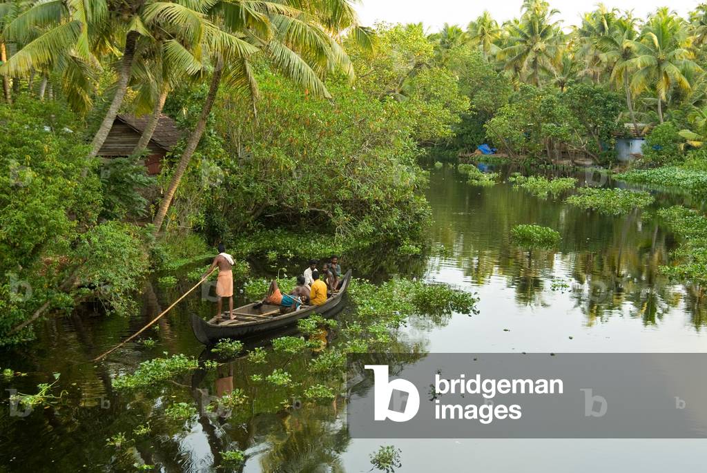 People traveling in a boat on the Kerala backwaters by the coconut palm forest (photo)
