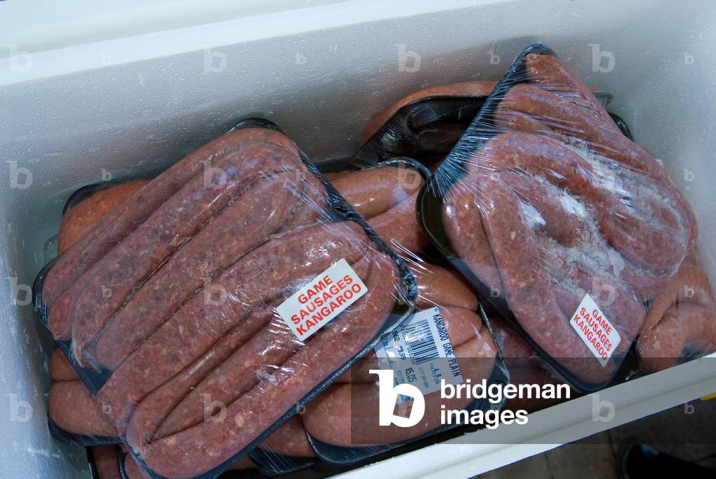 Supermarket kangaroo sausages for BBQ wrapped in coolbox Northam, Wheatbelt, Western Australia  (photo)