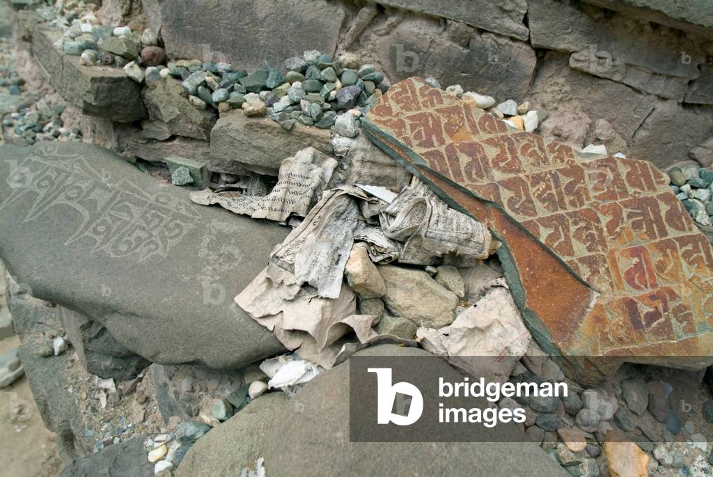 Mani stones and sacred texts scattered in the wilderness around the Hemis Monastery, Ladakh (photo)