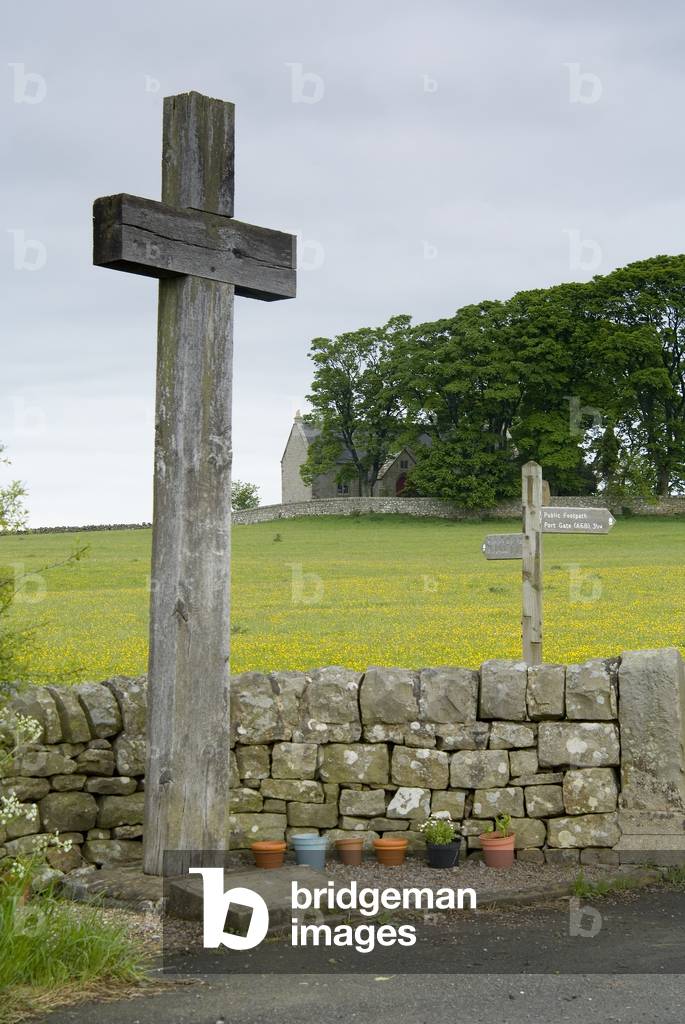 St. Oswald's Cross and St. Oswald's Church at Heavenfield pilgrimage site, 
St. Oswald's Way, near Chollerford, Northumberland, United Kingdom (photo)