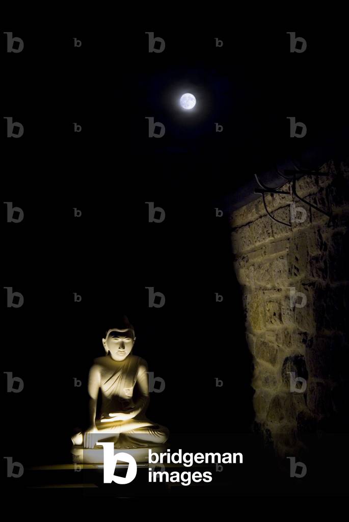 Buddha statue illuminated at night and full moon in garden of retreat centre, Harnham Buddhist Monastery, Northumberland, UK (photo)
