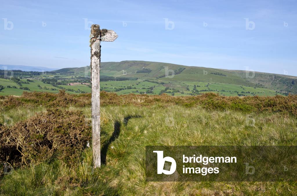 Old wooden lichen-covered signpost in pastoral Welsh landscape, Heol Senni, nr. Ystradfellte, Brecon Beacons National Park, Powys, South Wales, UK (photo)