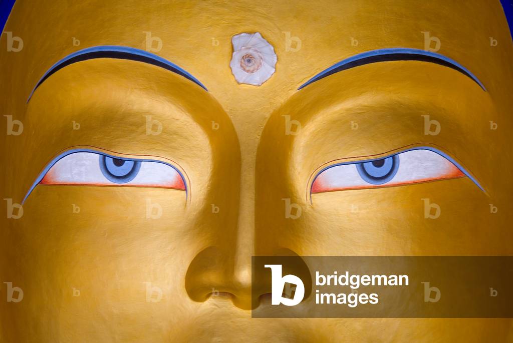 Tibetan Buddhism (Tantric B., Vajrayana): Detail (face) of 15m statue of Maitreya Buddha, Thiksey Gompa (Gelugpa order), Ladakh, Jammu and Kashmir, Himalayas, India (photo)