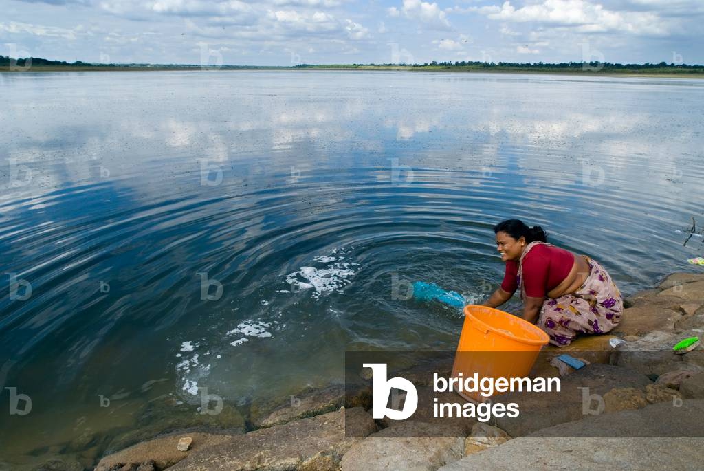 Village woman washing clothes on lake edge, Hesaraghatta Lake, Bangalore District, Karnataka, India (photo)