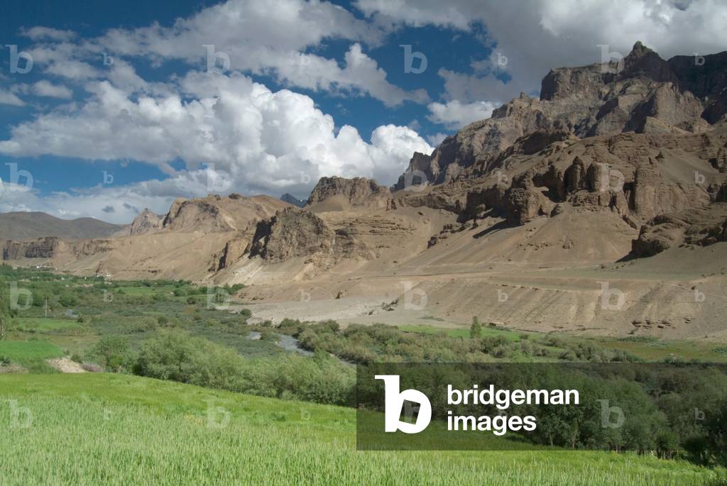 Himalayan landscape: Fertile green river valley (Wakh river) fringed by eroding sandstone scree slopes (Zanskar Range) Mulbekh, Ladakh, Jammu and Kashmir, India (photo)