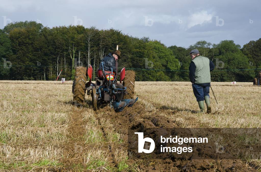 Farmer on a vintage tractor ploughing a stubble field, 
West Gower Ploughing and Hedging Match 2016, 
Gower, South Wales, UK (photo)
