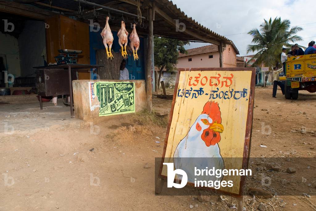 Three plucked chickens and a sign outside a shop in the town of Bannur (photo)