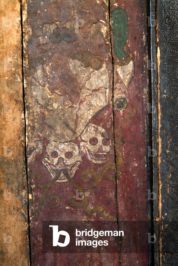 Tibetan Buddhism (Tantric Buddhism, Vajrayana): Two skulls (symbolizing 'impermanence') drawn on entrance door to Gonkhang (