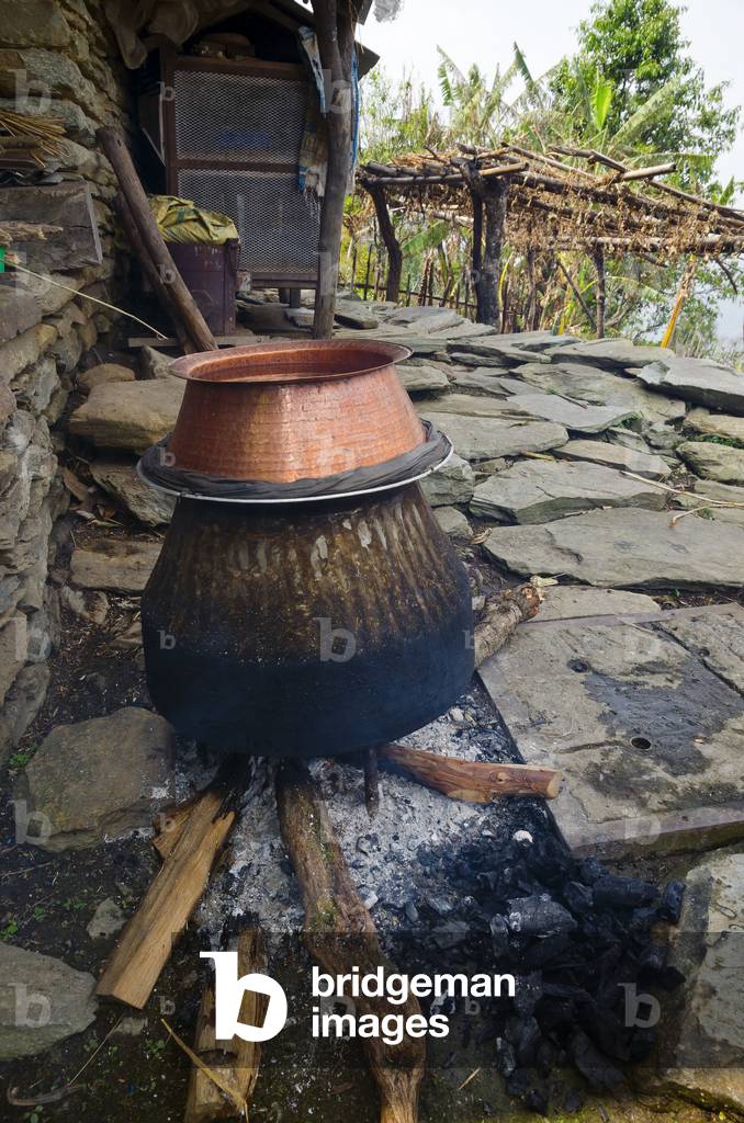 Brewing Raksi alcohol from millet on Nepali hillfarm, 
Majhthana, near Pokhara, Nepal (photo)