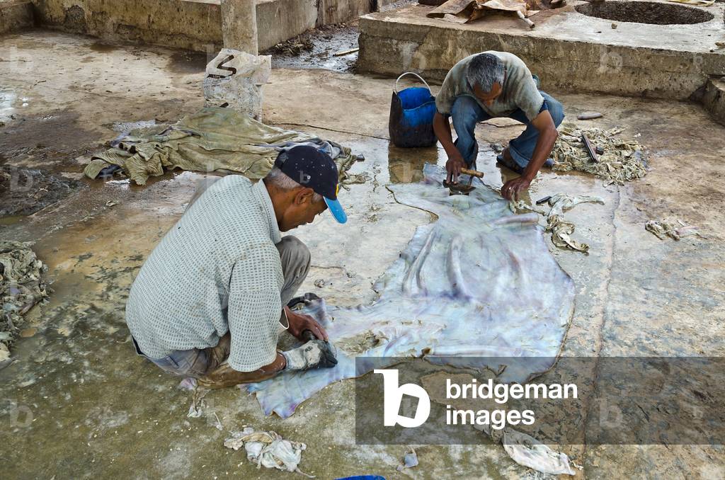 Traditional Moroccan tannery: Men scraping tissues, grease & fats from animal skins, Taroudant, Souss-Massa-Draa Region, Morocco (photo)