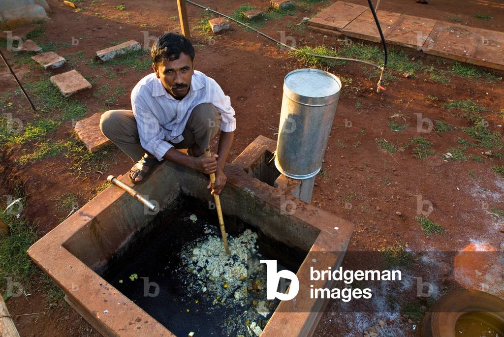Worker tipping organic waster into a biogas chamber behind a restaurant kitchen in the eco-resort 'Our Native Village' (photo)
