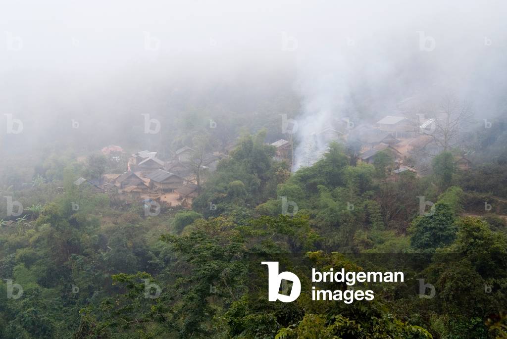 Remote ethnic minority Khmu village on slopes of montane tropical forest (rainforest) in the Annamite Range, mist and rain, smoke from fire
Ban Kabo, Nonghet District, Xieng Khouang Province, Laos, Southeast Asia