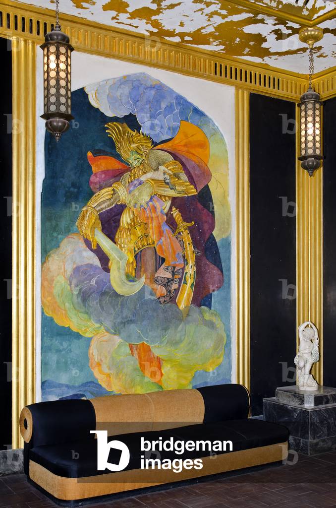 Ramayana mural: The demon Ravana abducts Sita to Lanka,
Oriental (Throne) Room, Umaid Bhawan Palace,
Jodhpur, Rajasthan, India (photo)