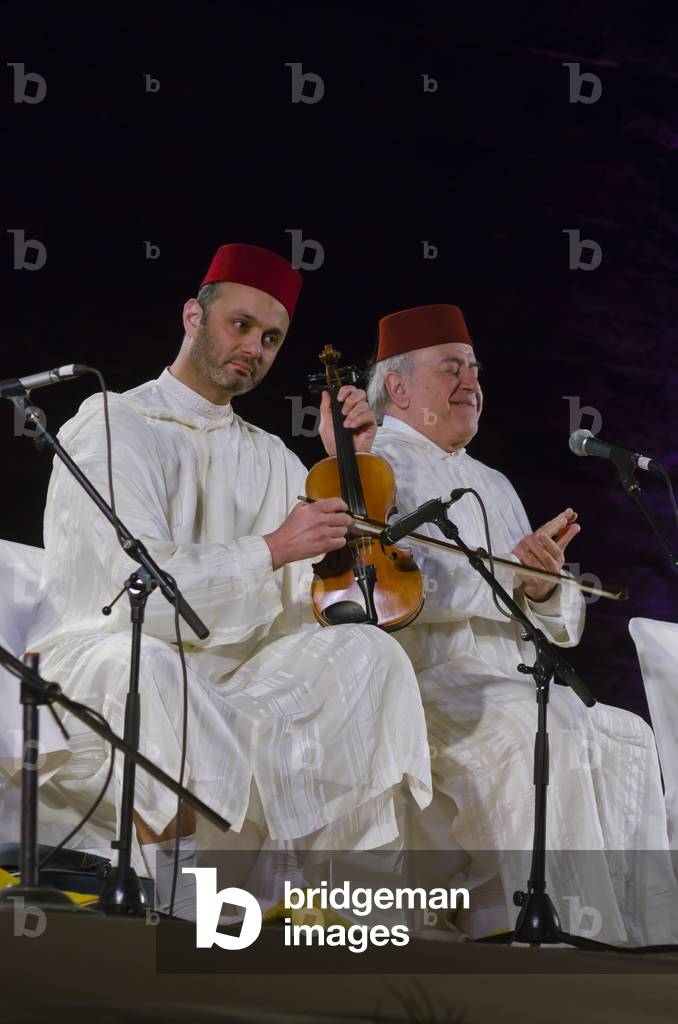 Moroccan singer Mohamed Bajeddoub & violin player performing Arabic Andalusian music at the World Sufi Spirit Festival 2014,
Mehrangarh Fort, Jodhpur, Rajasthan, India (photo)