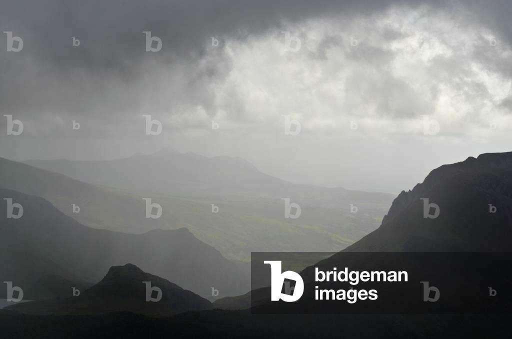 Snowdonia National Park: Rain showers and Mist from Western Slopes of Mount Snowdon, Gwynedd, North Wales, UK (photo)