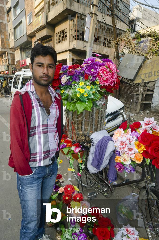 One-armed Indian street trader selling artificial flowers from bicycle on roadside,
Jodhpur, Rajasthan, India (photo)